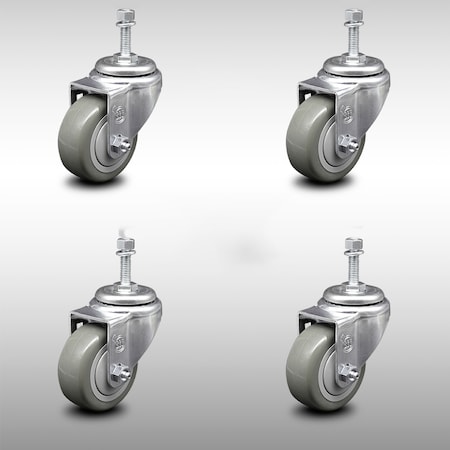 Service Caster 3.5 Inch SS Gray Polyurethane Wheel Swivel 3/8 Inch Threaded Stem Caster Set SCC SCC-SSTS20S3514-PPUB-381615-4
